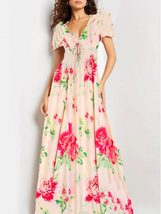 Floral V -Neck Short Sleeved Summer Dress